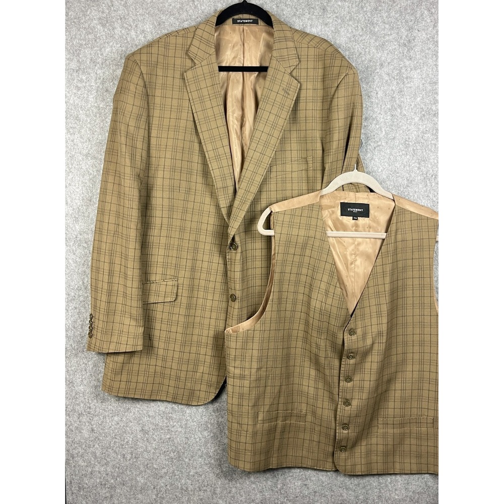 Statement Blazer Vest Waistcoat 2 Piece Set Mens 50L Beige Plaid Wool Italy Made